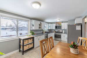 Kitchen with light countertops, appliances with stainless steel finishes, glass insert cabinets, white cabinetry, and a sink