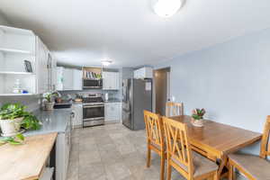 Kitchen featuring white cabinets, appliances with stainless steel finishes, light countertops, open shelves, and a sink