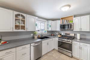 Kitchen featuring white cabinetry, stainless steel appliances, and a sink