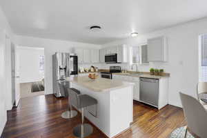 Kitchen with appliances with stainless steel finishes, a kitchen breakfast bar, a center island, light countertops, and a sink