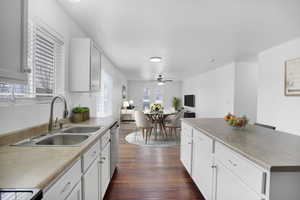 Kitchen featuring a sink, white cabinetry, dark wood-style floors, open floor plan, and dishwasher