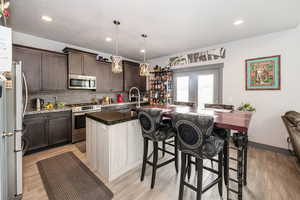 Kitchen with a sink, dark brown cabinets, a kitchen island with sink, decorative light fixtures, and stainless steel appliances