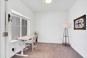 Home office with carpet and baseboards