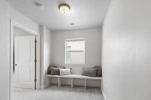 Mudroom with light colored carpet, visible vents, a textured ceiling, and baseboards