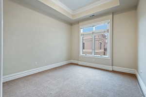 Unfurnished room with ornamental molding, a tray ceiling, carpet, and baseboards