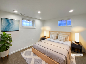 Bedroom featuring baseboards, visible vents, dark colored carpet, and recessed lighting