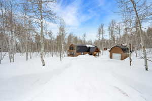 Snowy yard with a garage and an outbuilding