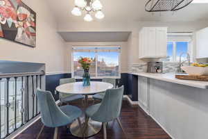 Dining space featuring a chandelier, dark hardwood / wood-style flooring, plenty of natural light