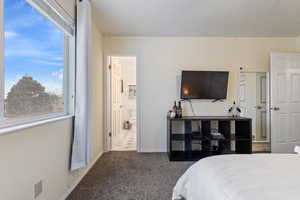 Primary Bedroom featuring ensuite bath and carpet flooring