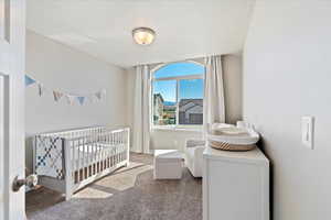 Bedroom featuring a nursery area and carpet flooring