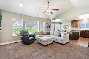 Living area featuring light carpet, baseboards, a ceiling fan, lofted ceiling, and a textured ceiling