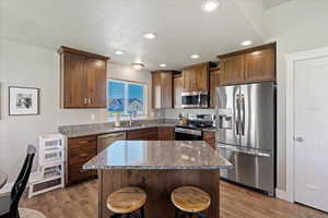 Kitchen featuring dark stone countertops, a kitchen island, stainless steel appliances, and a sink