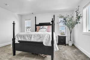 Bedroom with carpet flooring, visible vents, and baseboards