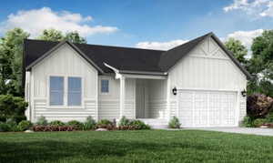 View of front of house with a garage, concrete driveway, a front lawn, and board and batten siding