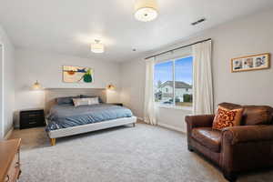 Bedroom with carpet, visible vents, and baseboards