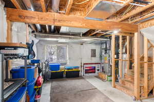 Below grade area featuring electric panel and gas water heater