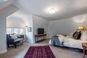 Bedroom featuring vaulted ceiling, a textured ceiling, light carpet, and baseboards