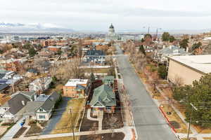 Drone / aerial view with a residential view and a mountain view