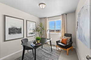 Office featuring a textured ceiling, carpet floors, and baseboards