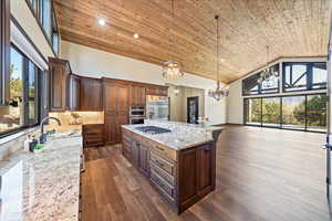 Kitchen with pendant lighting, stainless steel appliances, a kitchen island, a sink, and light stone countertops