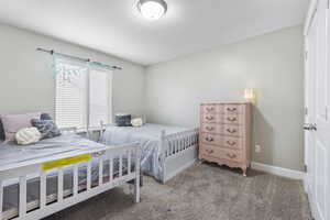 Bedroom featuring baseboards and light colored carpet