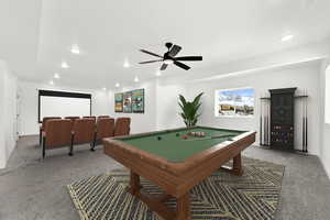 Game room featuring carpet flooring, recessed lighting, and ceiling fan