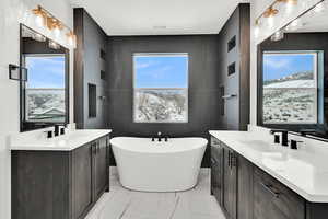 Full bath featuring a freestanding bath, two vanities, a sink, and plenty of natural light