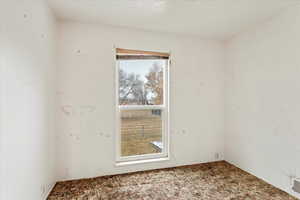 Carpeted empty room featuring visible vents