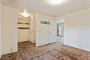 Unfurnished room featuring a textured ceiling, carpet, and visible vents