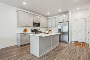 Kitchen featuring dark wood-type flooring, gray cabinetry, a sink, an island with sink, and appliances with stainless steel finishes