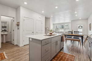 Kitchen with light wood finished floors, stainless steel appliances, a center island with sink, a sink, and gray cabinets