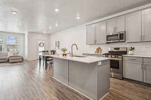 Kitchen featuring a sink, appliances with stainless steel finishes, a center island with sink, gray cabinetry, and dark wood-type flooring
