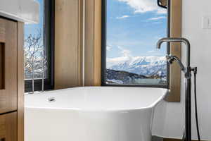 Interior details featuring a freestanding tub and a mountain view