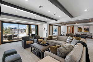 Living area with visible vents, pool table, beam ceiling, and recessed lighting