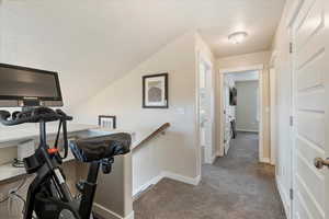 Interior space with carpet, baseboards, and an upstairs landing