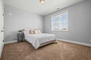 Carpeted bedroom featuring visible vents and baseboards