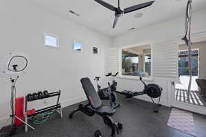 Exercise area with ceiling fan