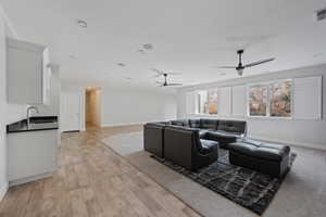 Living room with sink, light hardwood / wood-style flooring, and ceiling fan