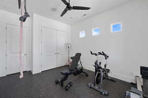 Exercise area with ceiling fan