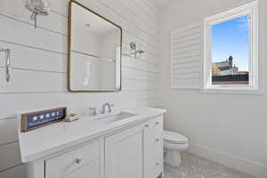 Bathroom featuring vanity, wooden walls, and toilet