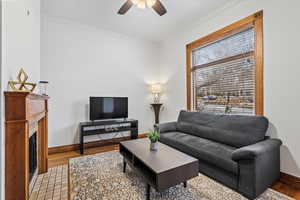 Living room with ornamental molding, ceiling fan, and light hardwood / wood-style flooring