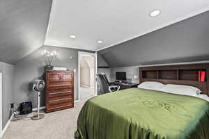 Carpeted bedroom featuring vaulted ceiling