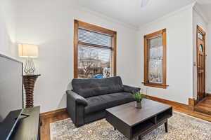 Living room with crown molding, wood-type flooring, and ceiling fan