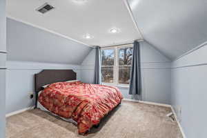 Carpeted bedroom with vaulted ceiling