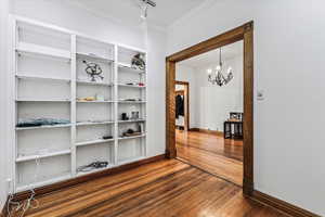 Hallway with dark hardwood / wood-style flooring, a notable chandelier, ornamental molding, and rail lighting