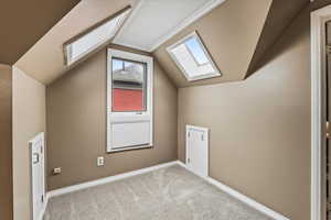 Additional living space with lofted ceiling with skylight and light carpet