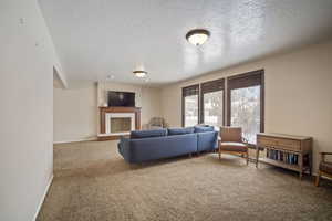 Carpeted living room with baseboards, a fireplace with raised hearth, and a textured ceiling