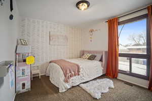 Bedroom with carpet, visible vents, and baseboards