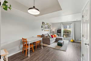 Living room featuring dark wood-style floors, baseboards, and a raised ceiling