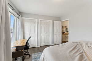 Bedroom featuring dark wood-style floors and multiple closets